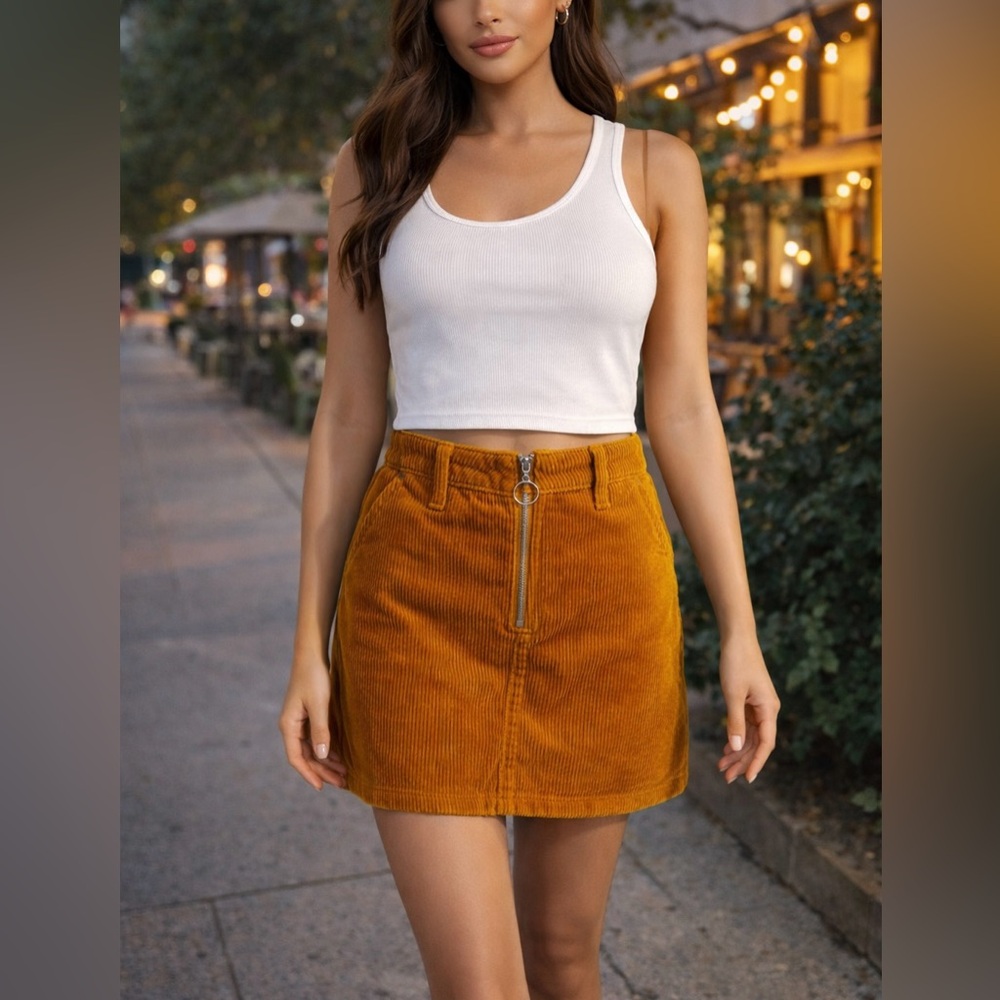 Arizona Jean Company Corduroy Mini Skirt Zip Front Brown Size 9 (Medium) EUC